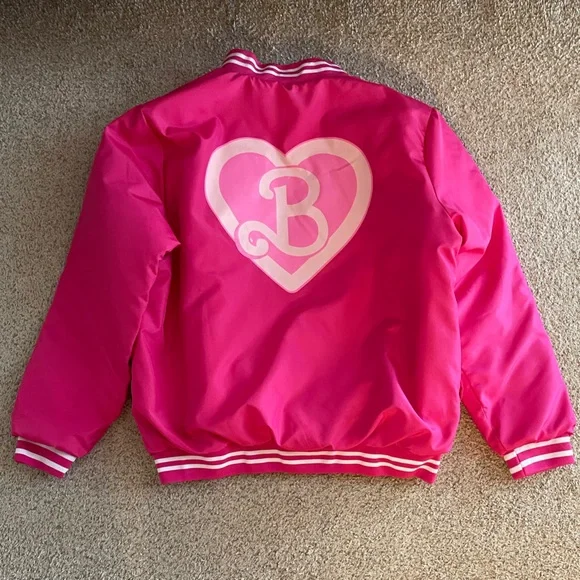 Girl’s Barbie Bomber Jacket hot pink striped warm oversize classic XL - Picture 4 of 5
